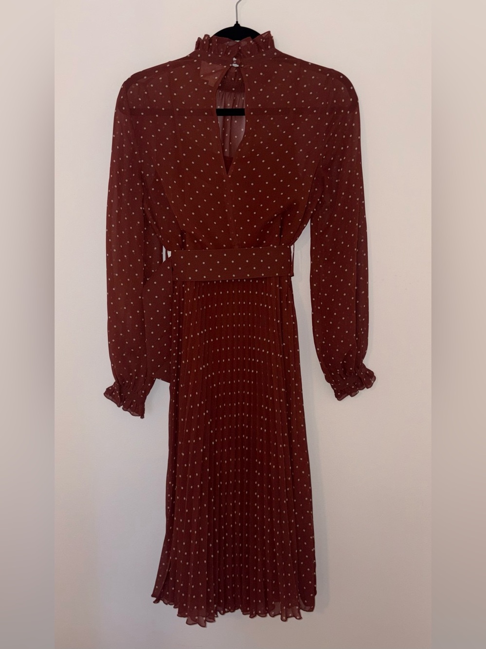 Sezane Muse Dress in Moka Polka Dot, High-Neck Rust Pleated Midi Dress FR36/US4 - Picture 3 of 5